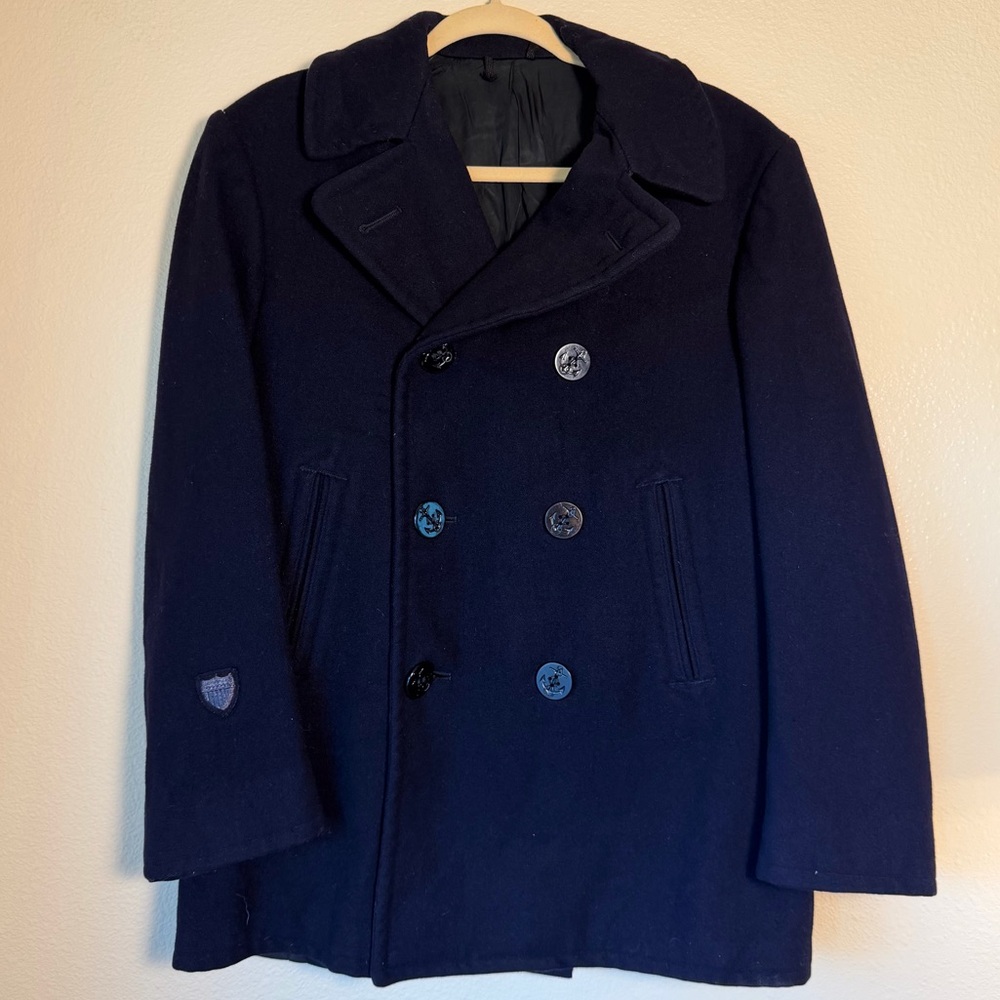 Vintage Navy Melton Blue Wool Peacoat, 38R